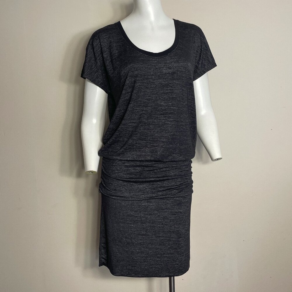 Athleta T-Shirt Dress Medium Heathered Black Short Sleeve Ruched Athletic Active
